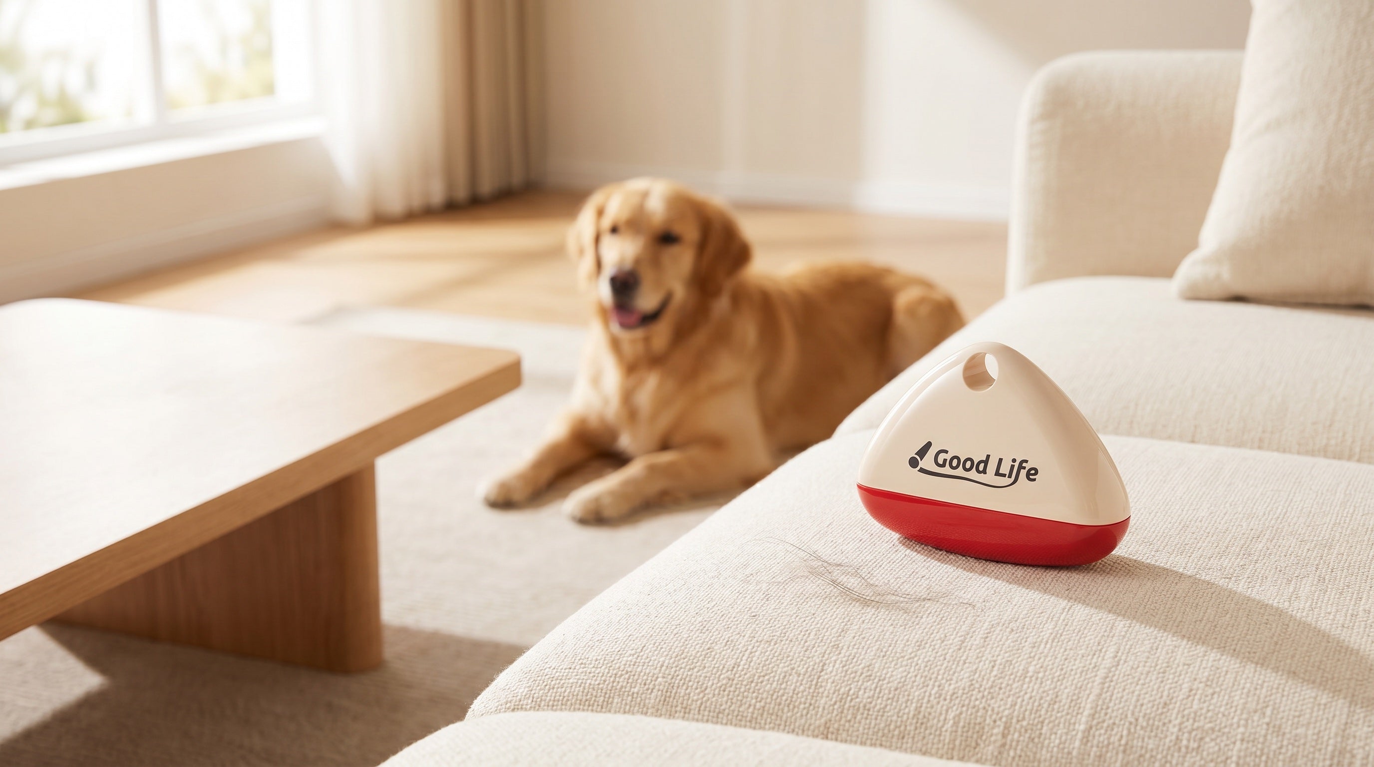 FurSweep pet hair remover on a clean living room couch